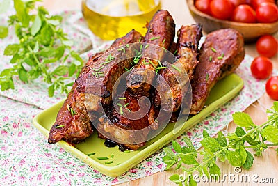 Barbecue country-style pork ribs in oven Stock Photo