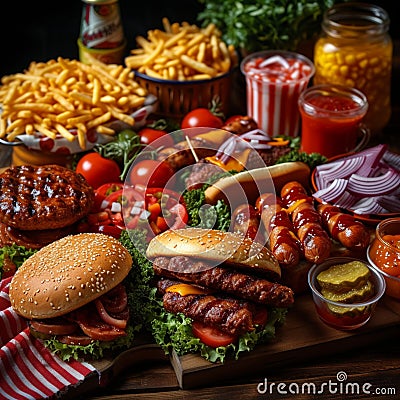 Barbecue feast Variety of fast food, juicy burgers, hotdogs Stock Photo