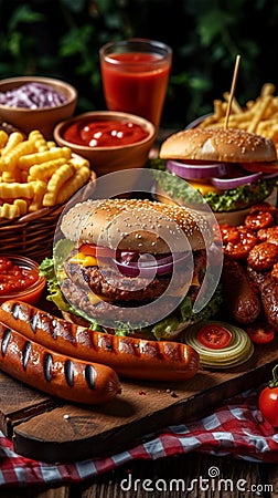 Barbecue feast Variety of fast food, juicy burgers, hotdogs Stock Photo