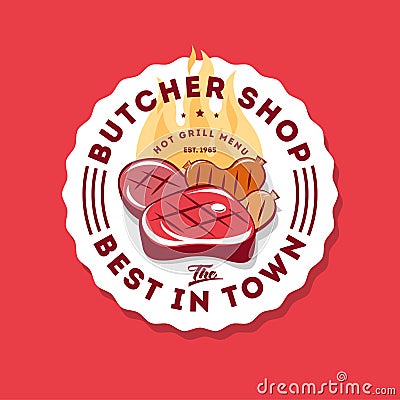 The Barbecue Fest logo. Grill party logotype. Juicy steak and hot sausages on a grill with letters. Vector Illustration