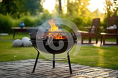 Barbecue with fire in the backyard. Summer rest. Generative AI Stock Photo