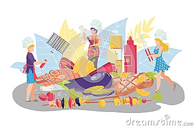 Barbecue food, vector illustration. Bbq design, picnic grill party with meat. People woman character with meal menu Vector Illustration