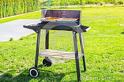 Barbecue garden grill with selection of fresh meat Stock Photo