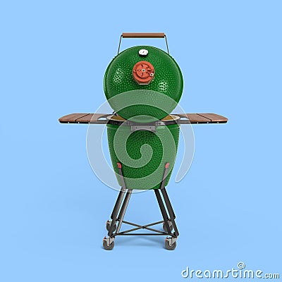 Barbecue green color with lid BBQ grill for outdoor prepare meat food back view 3d illustration Cartoon Illustration