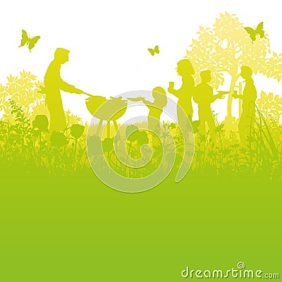 Barbecue in the green garden Vector Illustration