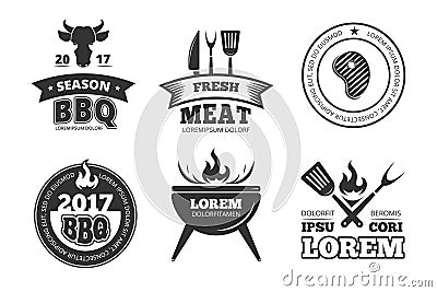 Barbecue, grill, bbq steak house restaurant vintage vector labels, badges, logos and emblems Vector Illustration