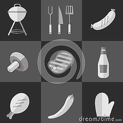 Barbecue grill black and white icons set Vector Illustration