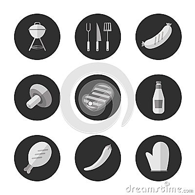 Barbecue grill black and white round icons set Vector Illustration