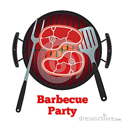 Barbecue grill, fried meat. Roasted meat, pork, spatula and fork Vector Illustration