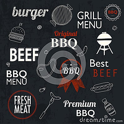 Barbecue Grill Icons and labels for any use, on a grunge Vector Illustration