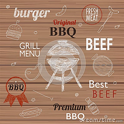 Barbecue Grill Icons and labels for any use, on a wooden Vector Illustration