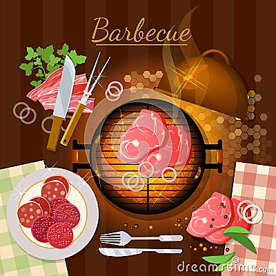 Barbecue grill party grilled meat top view Vector Illustration