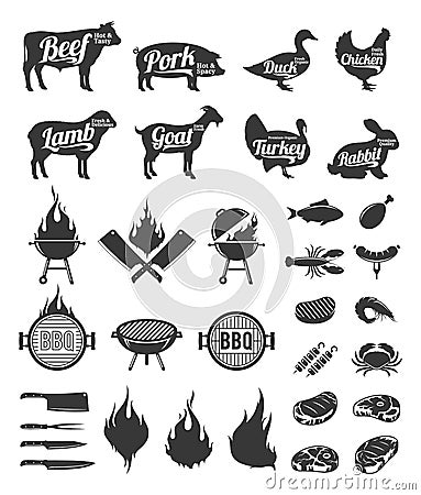 Barbecue, grill and steak house labels and design elements Vector Illustration