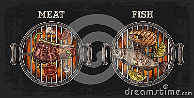 Barbecue grill top view with charcoal, fish and beef steak, mushroom, tomato, pepper, shashlik, lemon. Vector Illustration