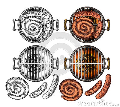 Barbecue grill top view with charcoal and sausage Vector Illustration