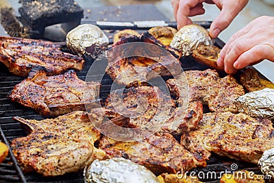 Barbecue grilled chicken and vegetables - Steaks grill on fire Stock Photo