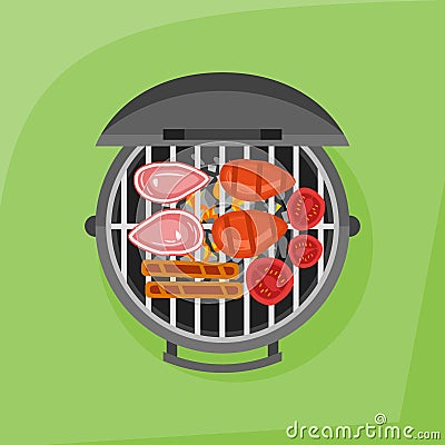 Barbecue and grilled steak, sausage and tomato. Top view. Vector Illustration