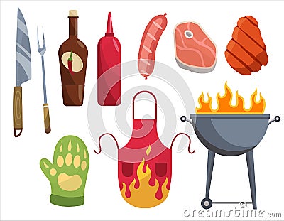 Barbecue icons. Set of elements for grilling. BBQ grill meat, vine , gloves, fork. Everything is ready for a family Vector Illustration