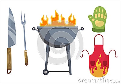 Barbecue icons. Set of elements for grilling. BBQ grill place, gloves, fork, knife and apron. Everything is ready for a Vector Illustration