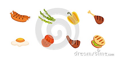 Barbecue icons set. Grill food, bbq, roast, steak cartoon vector illustration. Vector Illustration