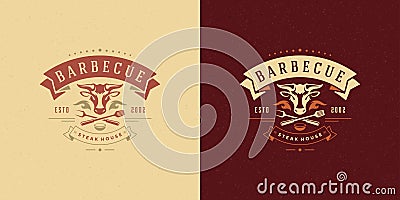 Barbecue logo vector illustration grill steak house or bbq restaurant menu emblem bull head silhouette Vector Illustration