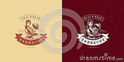 Barbecue logo vector illustration grill steak house or bbq restaurant menu emblem waitress with dish silhouette Vector Illustration