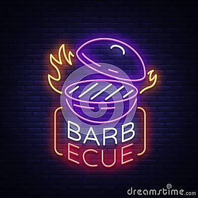 Barbecue logo vector. Neon sign, symbol, bright advertising night barbecue, grill, roast meat, grill bar, restaurant Vector Illustration