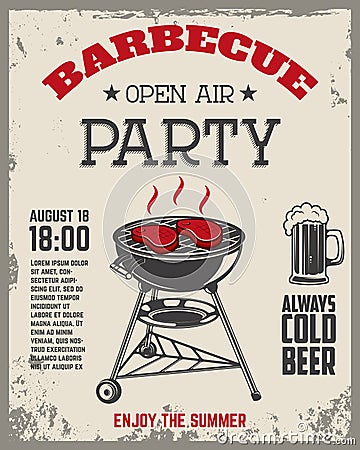 Barbecue open air party flyer. Vintage grill on grunge background. Vector Illustration