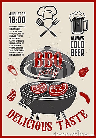 Barbecue open air party flyer. Vintage grill on grunge background. Vector Illustration