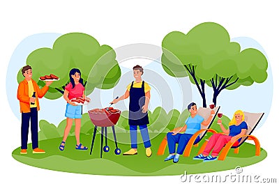 Barbecue outdoor party. Happy friends cooking grill meat and sausages on summer picnic. Vector characters illustration Vector Illustration