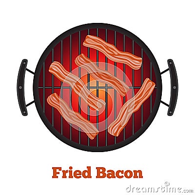 Barbecue pan with bacon, bbq party banner. Cartoon flat style Vector Illustration