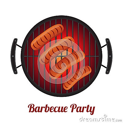 Barbecue pan with sausages, bbq party banner. Cartoon flat style Vector Illustration