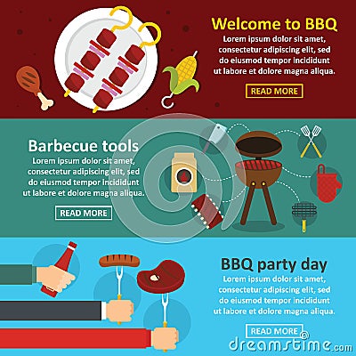 Barbecue party banner horizontal set, flat style Vector Illustration