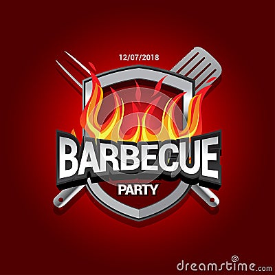 Barbecue party design with fire on shield, Barbecue invitation. Barbecue logo. BBQ template menu design. Barbecue Food flyer. Vector Illustration