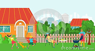 Barbecue party at family backyard, vector illustration, flat man woman character have picnic together, outdoor leisure Vector Illustration