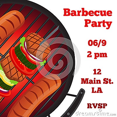 Barbecue party flyer, invitation banner. Fried meat, sausages. Flat style. Vector Illustration