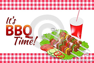 Barbecue party horizontal banner. Grill summer food. Picnic cooking device. Flat isometric illustration. Family weekend Vector Illustration