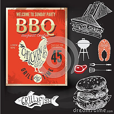 Barbecue party invitation. BBQ brochure menu design. Vector Illustration