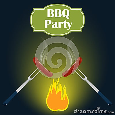 Barbecue party invitation card design template. Fire, sausage, fork. Vector illustration, flat style. Cartoon Illustration