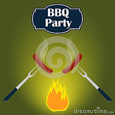 Barbecue party invitation card design template. Fire, sausage, fork. Vector illustration, flat style. Cartoon Illustration