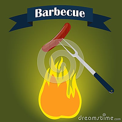 Barbecue party invitation card design template. Fire, sausage, fork. Vector illustration, flat style. Cartoon Illustration