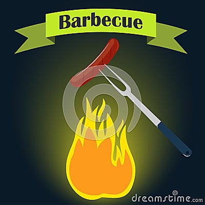 Barbecue party invitation card design template. Fire, sausage, fork. Vector illustration, flat style. Cartoon Illustration