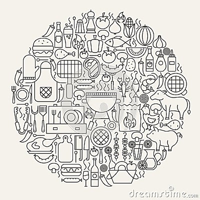 Barbecue Party Line Icons Circle Vector Illustration