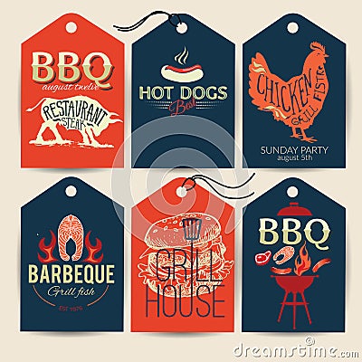 Barbecue party stickers BBQ template menu design set. Food flyer. Typograohic label with hand drawn illustration Vector Illustration