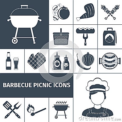 Barbecue picnic black icons set Vector Illustration