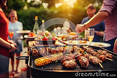 Barbecue Picnic on Blurred Background, Friends BBQ Party Outdoors, Generative AI Illustration Stock Photo