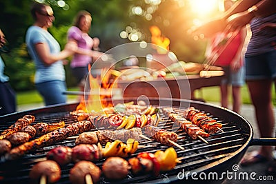 Barbecue Picnic on Blurred Background, Friends BBQ Party Outdoors, Generative AI Illustration Stock Photo