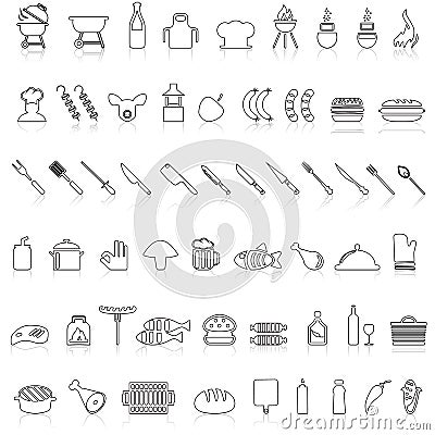 Barbecue Picnic, Grill BBQ outline icons set Vector Illustration