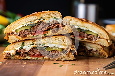 barbecue sandwich cut in half revealing meat, cheese, and veggies inside Stock Photo