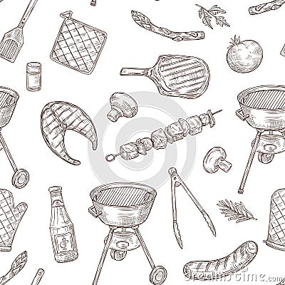Barbecue seamless pattern. Sketch barbeque chicken grill vegetables fried steak meat picnic party vintage bbq food Vector Illustration